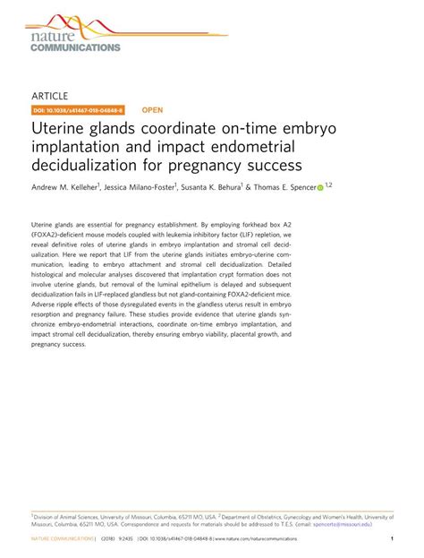 Uterine Glands Coordinate On Time Embryo Implantation And Impact