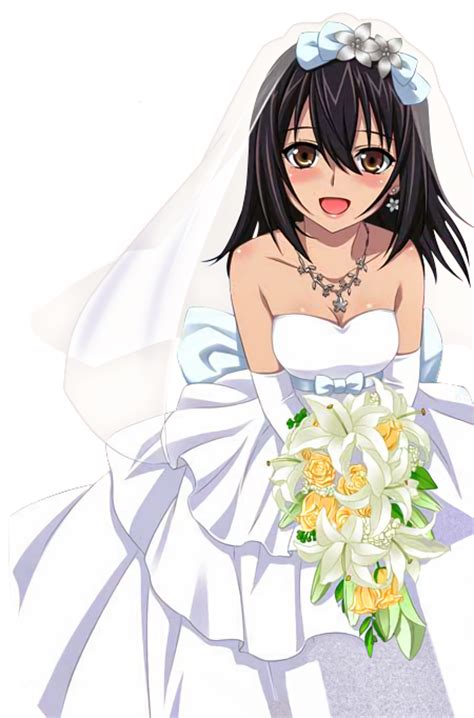 safebooru 1girl d black hair blush bouquet breasts bridal veil brown eyes cleavage collarbone