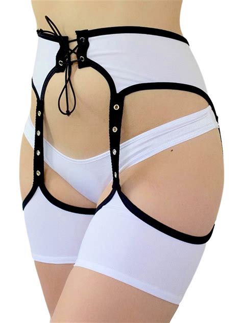 Sayoo Women’s Garter Belt Patchwork Hollow Out Tie Up Open Crotch Garter Sexy Lingerie High