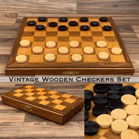 Vintage Wood Checkers Set With Folding Wooden Checkers Board Draughts