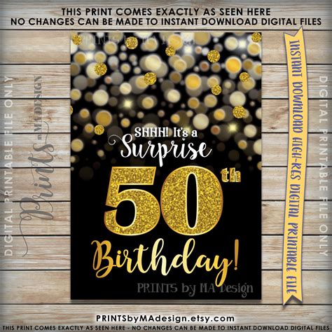 Surprise Birthday Invitation 50th Black And Gold Glitter Bokeh 50th B Day