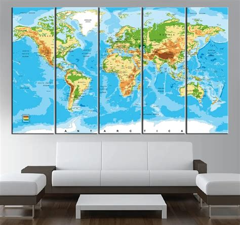 5 Panel Hot Canvas Art Modern Blue Elevated World Map Home Decor