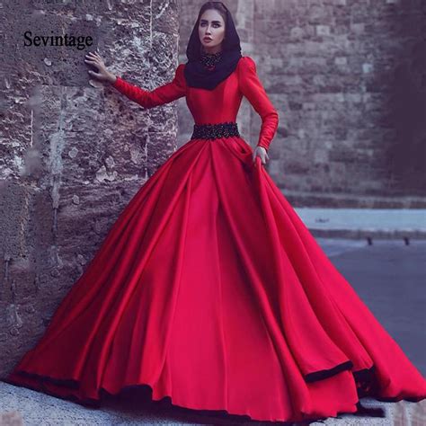Sevintage Red Arabic Evening Dresses Black Beaded Formal Party Dress Ball Gown Long Sleeves