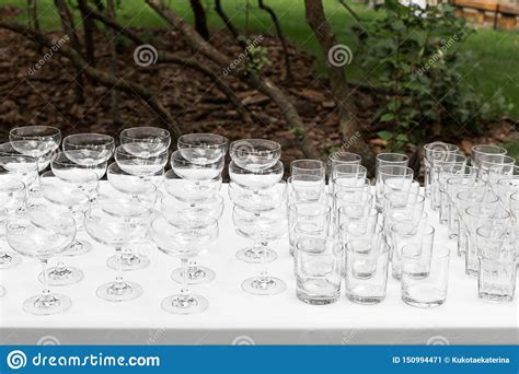 Many Empty Clean Glasses For Guests At The Buffet Festive Wedding Table Stock Image Image Of
