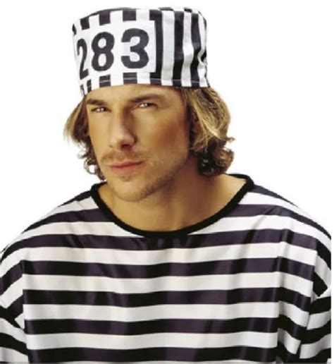 Mens Prisoner Convict Costume Halloween Fancy Dress Stag Party Hat Tee
