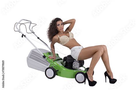 Sexy Woman With Lawn Mower Stock Photo Adobe Stock