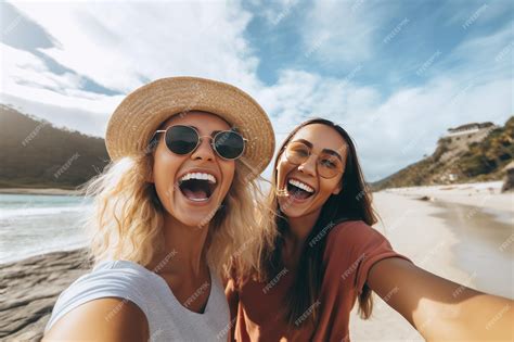 Premium Ai Image Two Cheerful Girls Taking A Selfie On The Beach In Summer