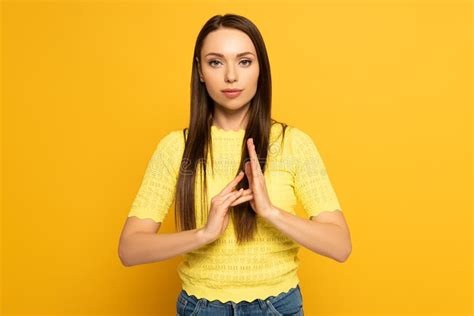 Young Woman Showing Gesture While Using Deaf And Dumb Language Stock