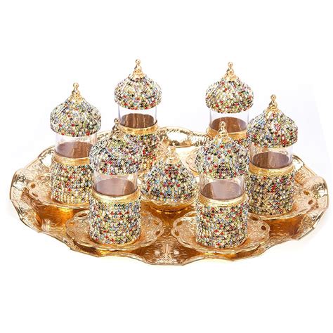 SET Of 6 Turkish Tea Glasses Set Saucers Holders Swarovski Crystal