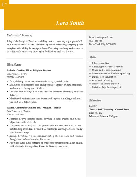 Sunday School Teacher Resume Examples And Samples For 2024