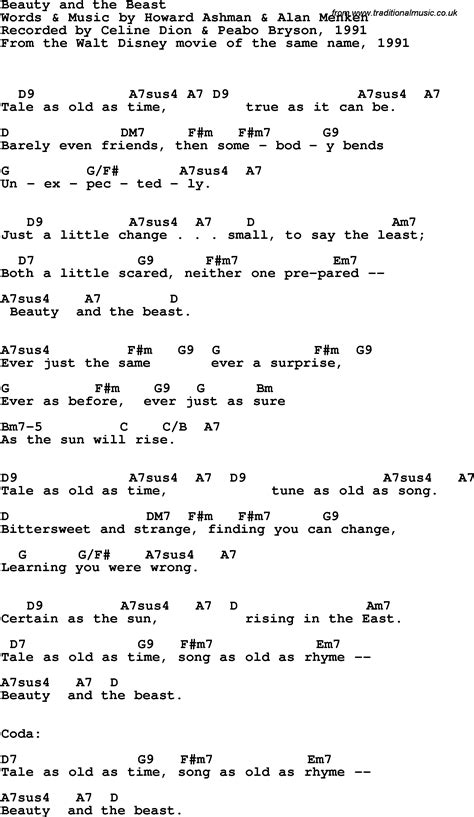 Song lyrics with guitar chords for Beauty And The Beast ...