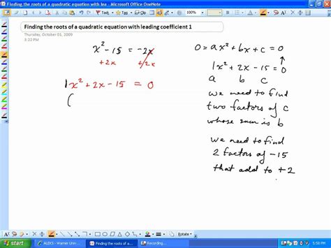 The graph of a quadratic equation. Finding the roots of a quadratic equation with leading ...