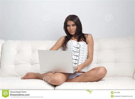 Woman With Computer Stock Image Image Of Female Sofa 9211829