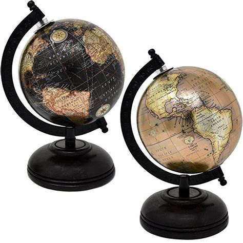 2 Decorative Glossy World Globes With Wooden Stand For Home Décor And