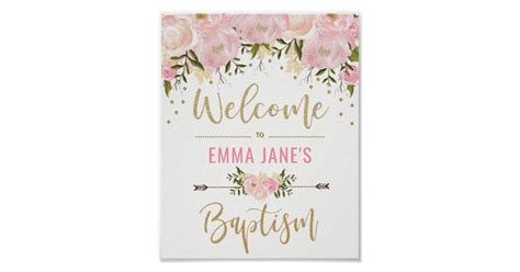 Gold Glitter Pink Floral Baptism Welcome Sign Zazzle