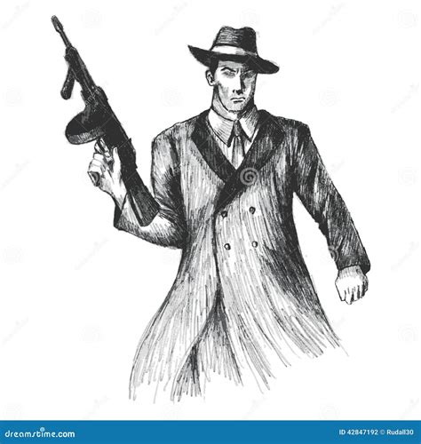 Gangster With Thompson Submachine Gun Vector Illustration