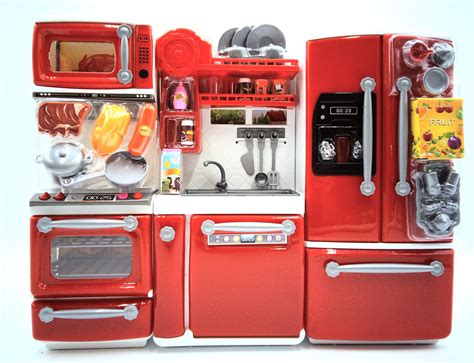 GIRL FUN TOYS Red Happy Kitchen Barbie Compatible Toy Play Set With Refridgerator Store 