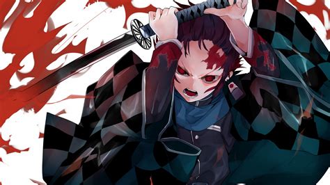 Demon Slayer Tanjirou Kamado Having Sword Fighting With Background Of White And Red Hd Anime