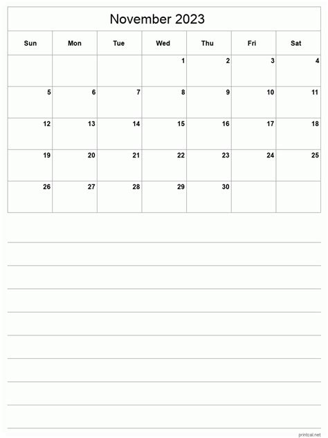 Printable November 2023 Calendar Half Page With Notesheet