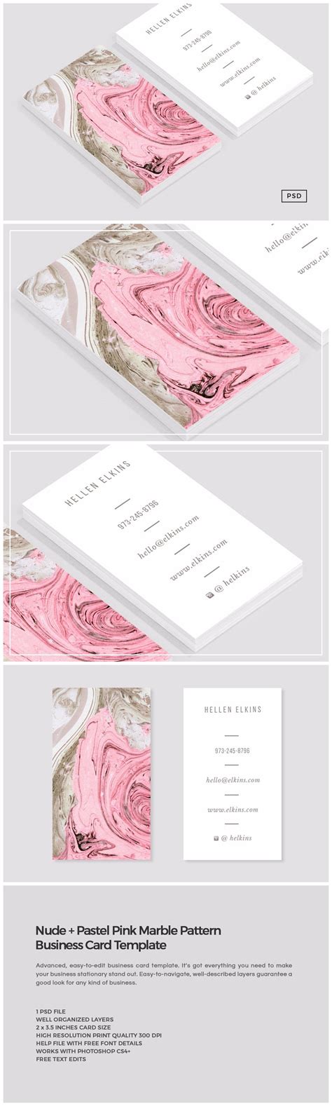 Mikol offers twenty marble business cards (in any color) for $125, but the more you buy the cheaper they are with 200 cards priced at $950. Nude + Pink Marble Business Card ~ Business Card Templates ~ Creative Market