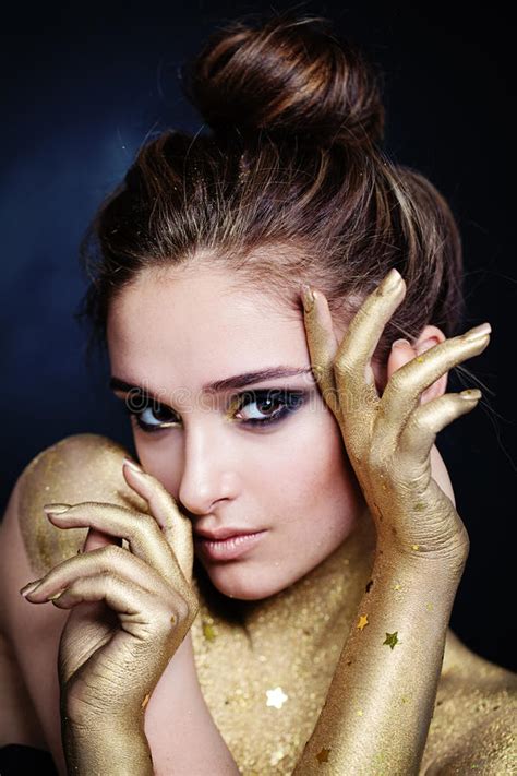Pretty Model Woman With Golden Skin With Stars Stock Photo Image Of