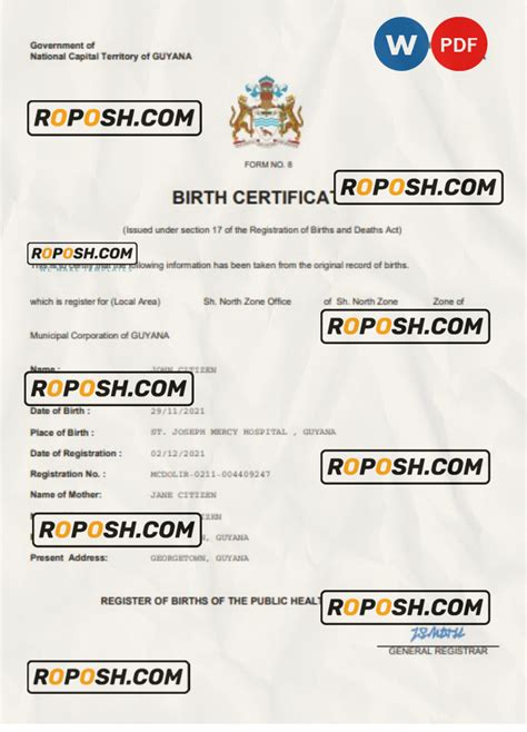 Guyana Vital Record Birth Certificate Word And Pdf Template Completely Editable Roposh