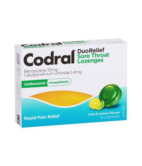 Codral Duo Sore Throat Lozenges Antibacterial Anaesthetic Limelemon
