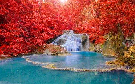 Red Forest Waterfall Turquoise Lake Nature High Quality Hd Wallpaper