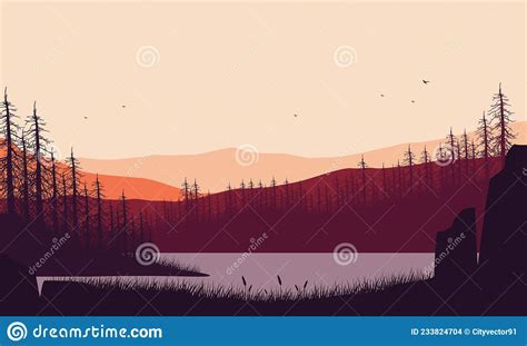 Beautiful Mountain Views With Pine Tree Silhouettes From The River Bank