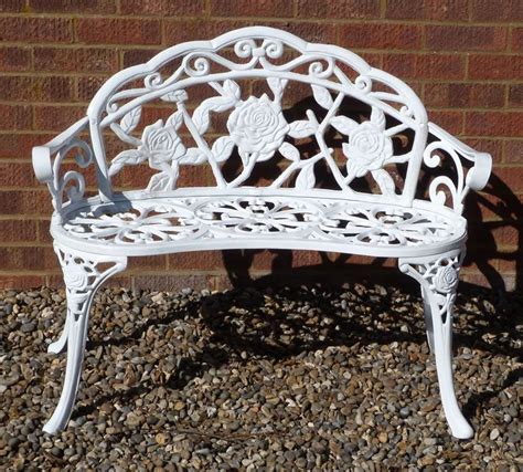 Cute White Iron Wrought Bench With Rose Detailing Cast Iron Garden