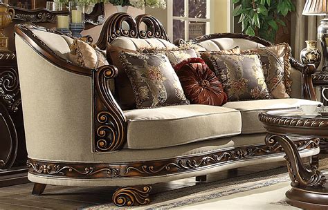 Luxury Beige Chenille Sofa Carved Wood Homey Design Hd