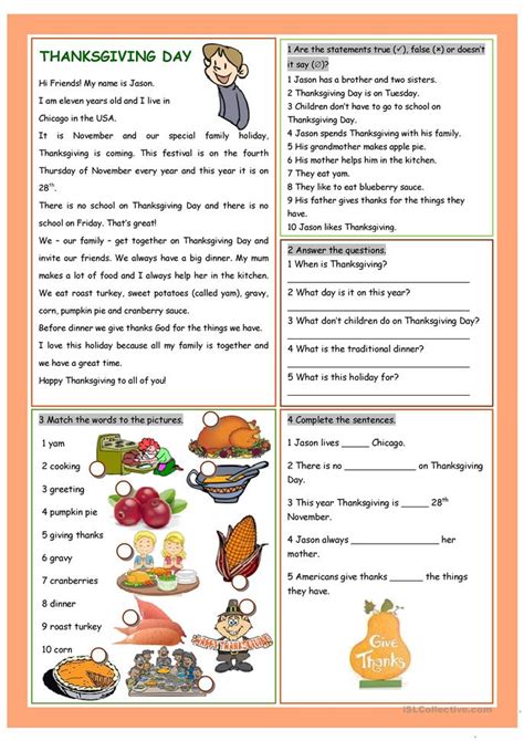 This will motivate your child to keep reading. Thanksgiving Day worksheet - Free ESL printable worksheets ...