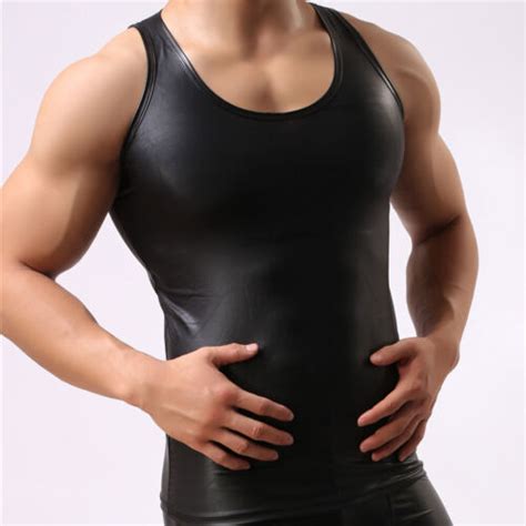 Men Faux Leather Wetlook Muscle Vest T Shirt Top Nightclub Cool Tank