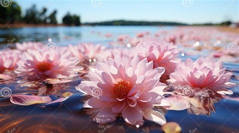 Pink Lotus Flower Floating On The Surface Of The Water With Reflection