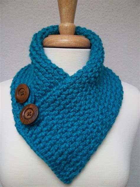 Scarf Knitted Turquoise Cowl Neck Warmer Buttoned Ski Etsy