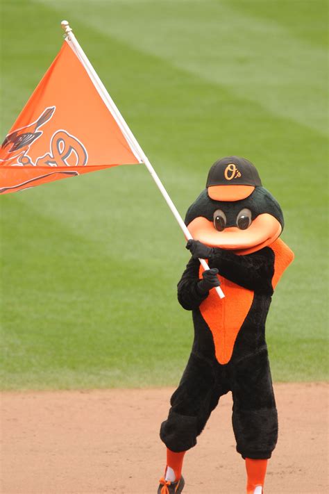 Baltimore Orioles Mascot Celebrates A Win After A Baseball Game Against