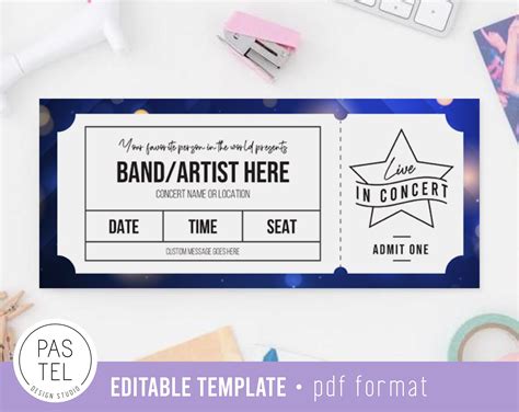 Printable Concert Ticket T Surprise Editable Template Etsy Coupon Template Concert