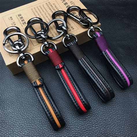 13cm Genuine Cowhide Leather Stripes Keychain Manual Archives Key