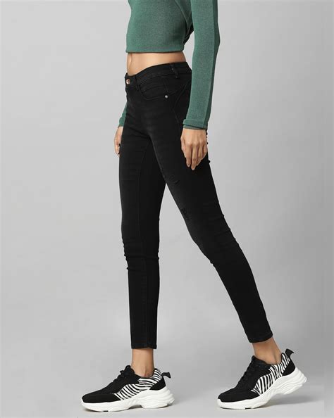 Buy Black Mid Rise Pushup Distressed Skinny Jeans For Women Only