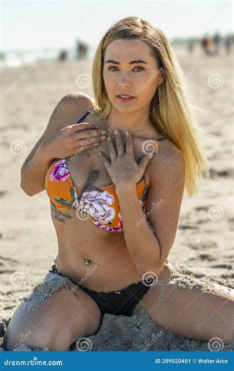 Beautiful Bikini Model Posing In A Beach Environment Stock Image