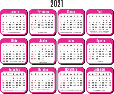 Calendário 2021 Para Imprimir → Datas E Feriados Nacionais Modelos