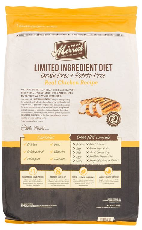 The dry food is made with between 60 to 70 percent meat, poultry and fish, which gives them a guaranteed protein level of between 30 to 38 percent. Merrick Limited Ingredient Diet Grain Free Chicken recipe ...