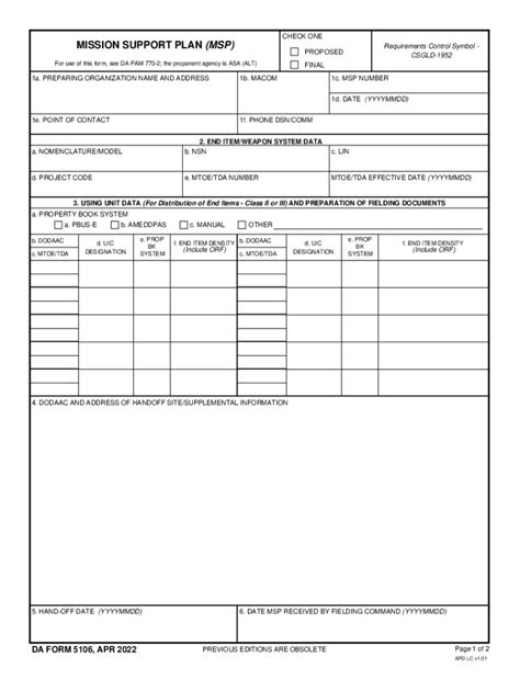 Fillable Online Armypubs Army MISSION SUPPORT PLAN MSP DA FORM 5106