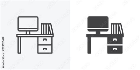 Vetor De Office Workspace Desk Icon Computer Table With Folders Line