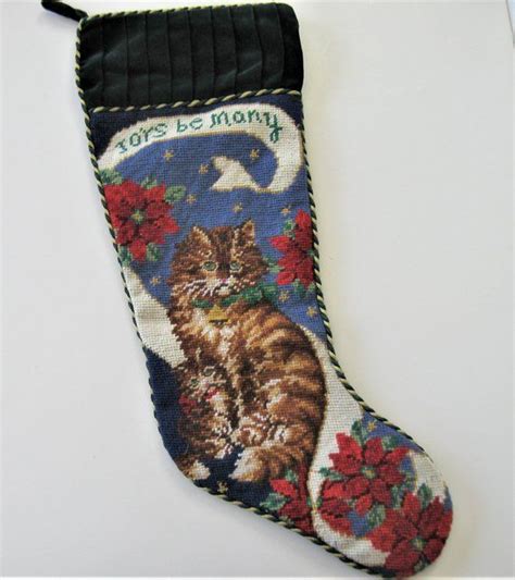 vintage handmade needlepoint tabby cat christmas stocking fireplace decor christmas eve 22