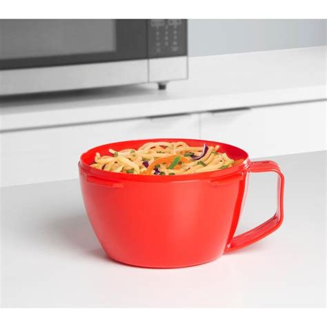 Microwaveable container (with lid) pack of ramen noodles if you only have a brick of ramen in a plastic bag, add it to a microwavable safe bowl with water. Sistema Plastic Microwave Noodle Bowl 940ml, Red from Ocado