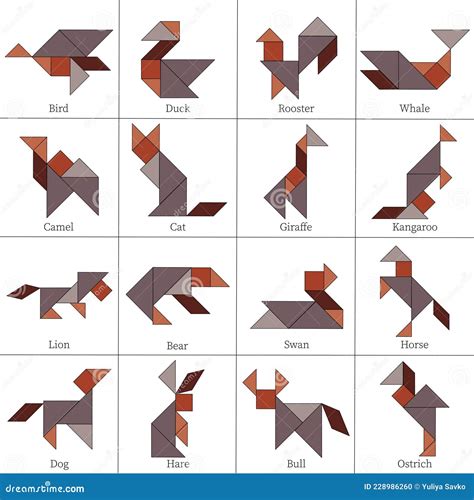 Tangram Puzzle Schemes With Different Animals Stock Vector
