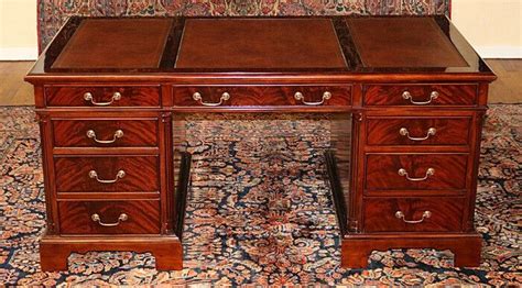 Superb Tooled Leather Top Flame Mahogany Executive Desk With File Drawers