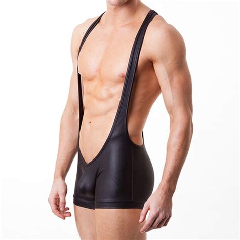 Sexy Men Underwear Jockstrap Wrestling Singlets Boxers Jumpsuit Bodysuit Faux Leather Erotic