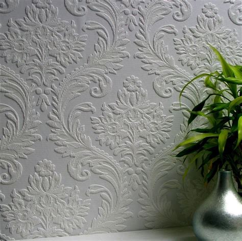 Textured Vinyl White Paintable Wallpaper Damask Design A4 Sample